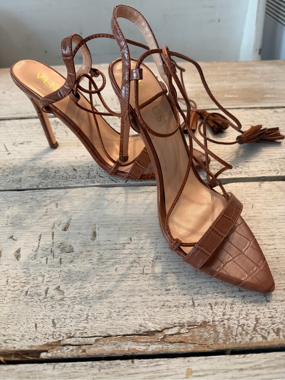 VENUS Brown Croc-Embossed Lace-Up Stiletto Sandals